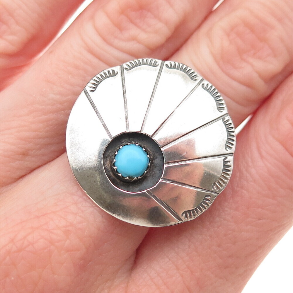 Old Pawn Sterling Vintage Turquoise Snake Eye Concho Shadow Box Ring Size 7.25